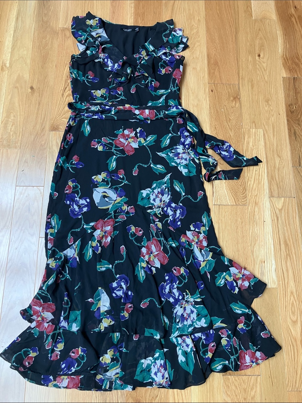 Ralph Lauren Black Floral Ruffle Wrap Maxi Dress